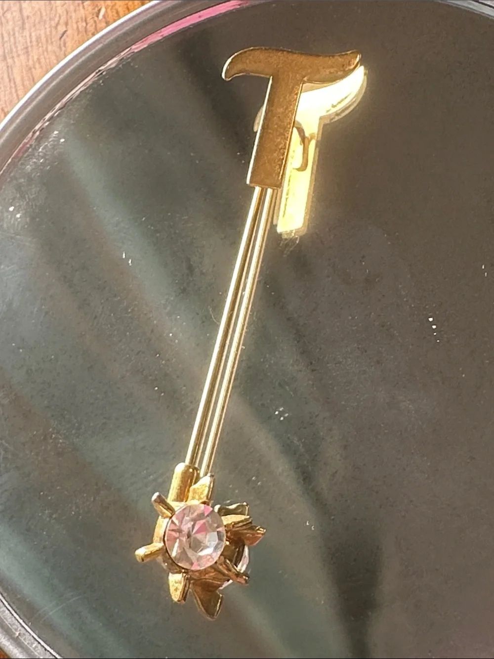 Vintage 80s Avon Gold-Tone Initial T Crystal Stick Pin Brooch